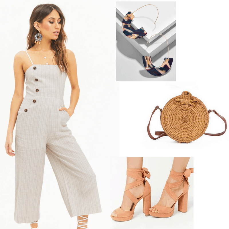 Rock a night out with your girl pals in this structured beige romper, woven circle bag, bold tortoise statement earrings, and heels fit for a ballerina.