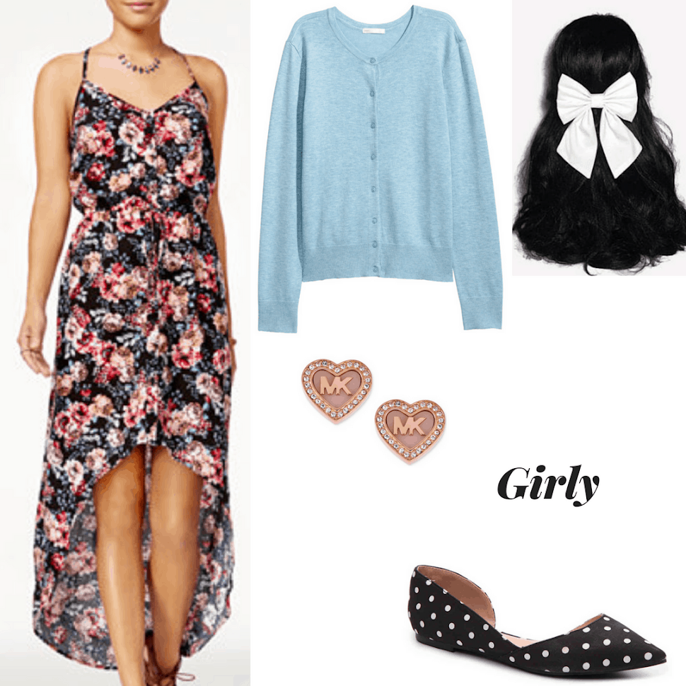 Girly finals week outfit with floral high-low midi dress, blue cardigan, heart shaped studs, hair bow, and polka dot flats