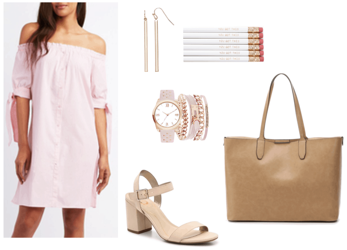 What to wear on your first day back to class outfit 1: girly girl outfit for college with pink off-the-shoulder dress, nude block heels, rose gold and pink watch and bracelet set, simple gold bar earrings, oversized tan tote bag, "You Got This" pencils