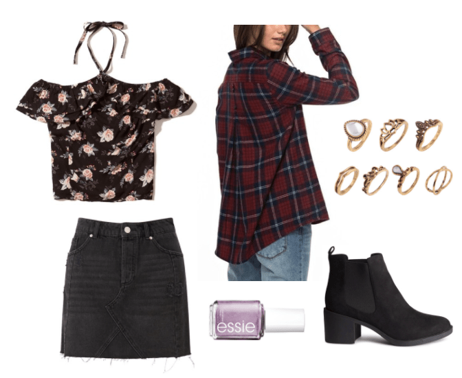 Outfit inspired by Essie's 90s nail polish collection: Outfit inspired by The Craft with black floral off shoulder top, black denim skirt, plaid shirt, layered rings, chunky heel ankle booties