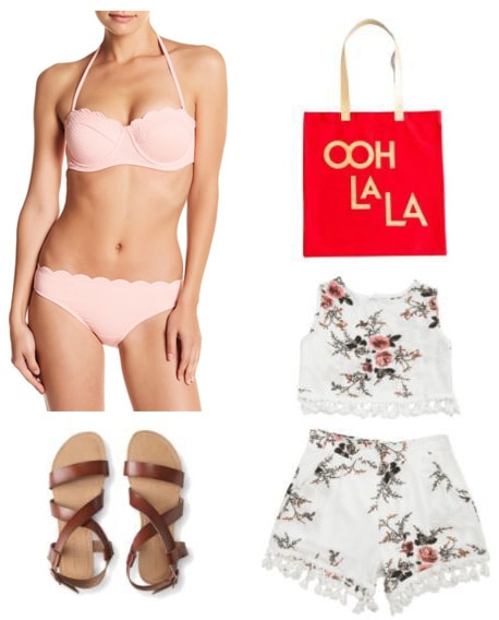 Beach day outfit ideas: Girly outfit for a beach day with pink scalloped bikini, two-piece crop top and shorts set in white floral print, Ooh La La red tote bag, brown sandals