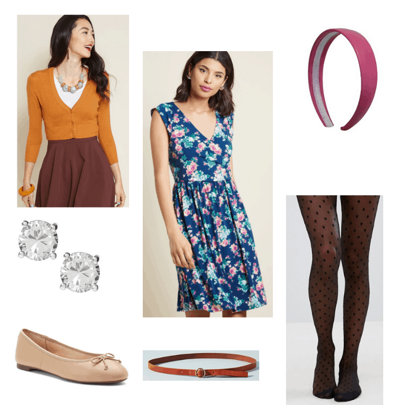 Outfit with orange cardigan, floral dress, polka dot tights, pink headband, skinny belt, ballet flats, and diamond studs