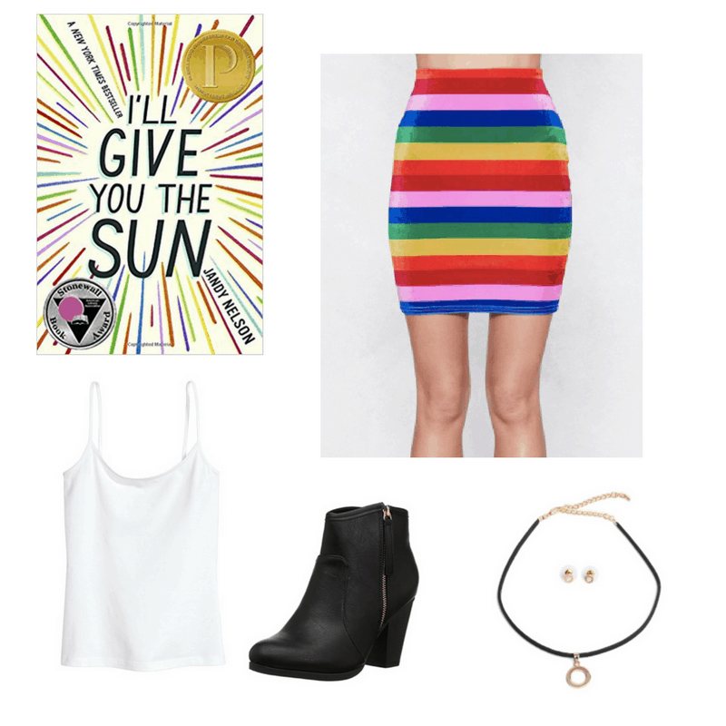 An outfit for I'll Give You the Sun, featuring a striped skirt, white tank top, black boots and black choker set.