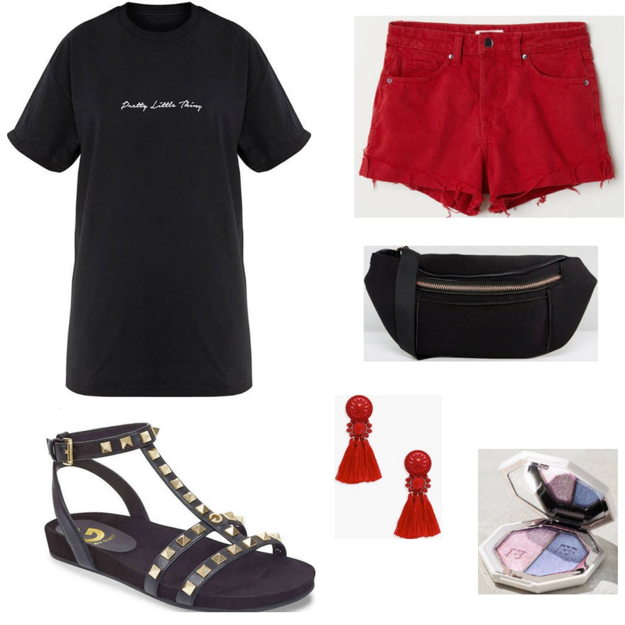Gladiator sandals outfit for daytime: Black studded gladiator sandals, graphic tee shirt, red ripped denim shorts, tassel earrings, fanny pack