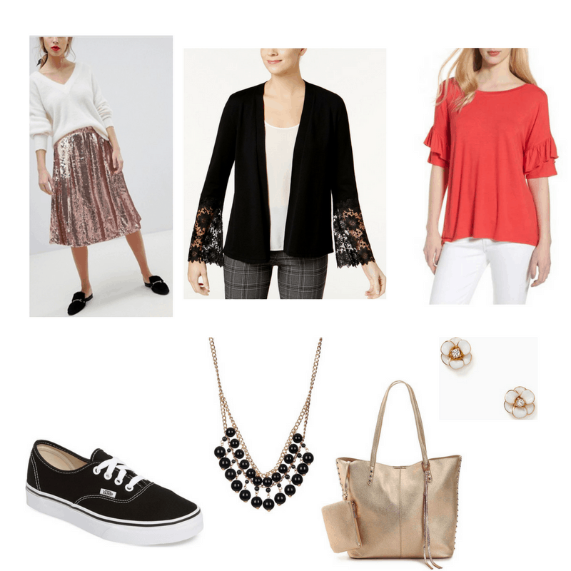 Glam FInals Outfit with sequin skirt, lace cardigan, ruffle sleeve tee, vans, necklace, earrings, and metallic tote bag