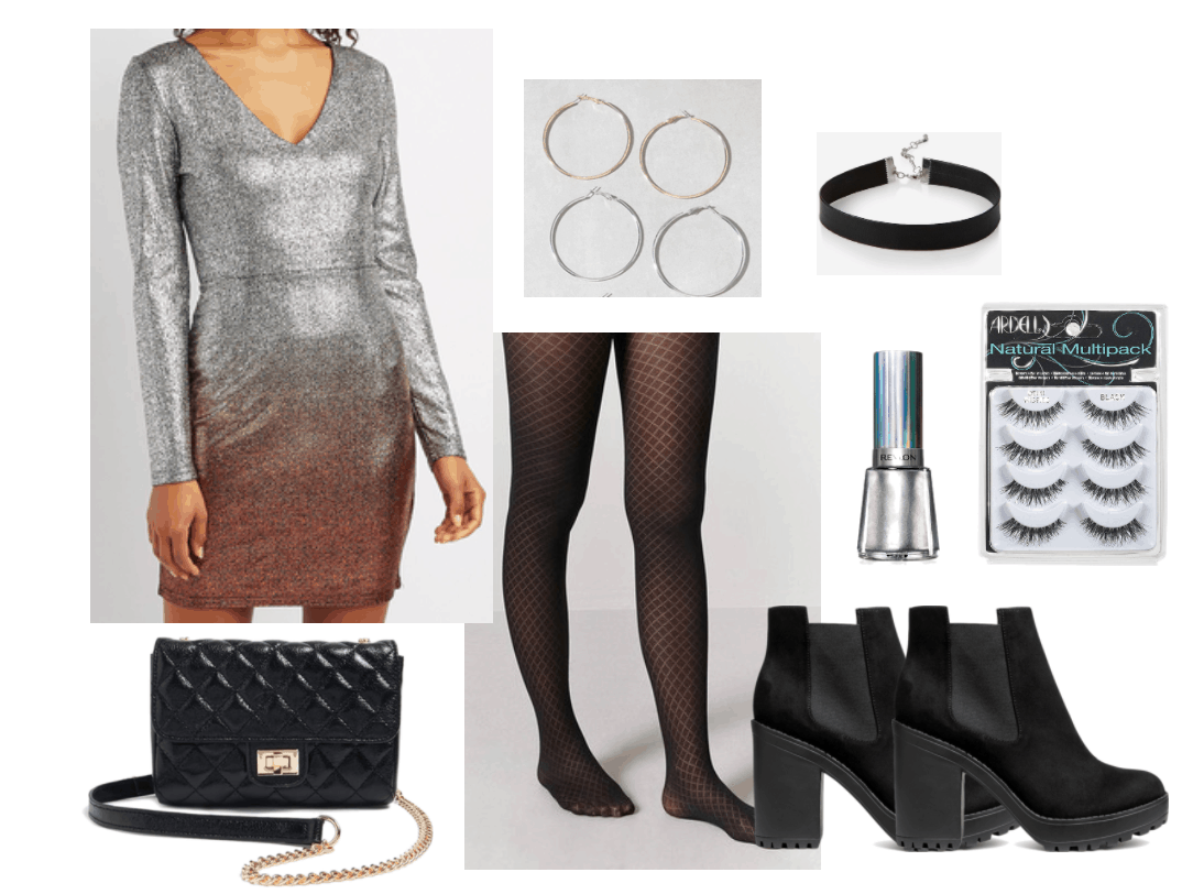 Disco outfit one including long-sleeve glitter ombré dress and fishnet stockings.