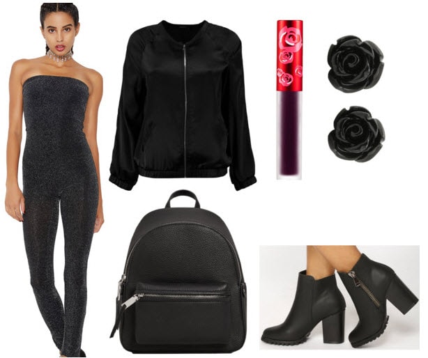 Glitter jumpsuit outfit for class with black glitter jumpsuit, black satin bomber jacket, black chunky heel ankle boots, black mini backpack, black rose earrings and dark lipstick