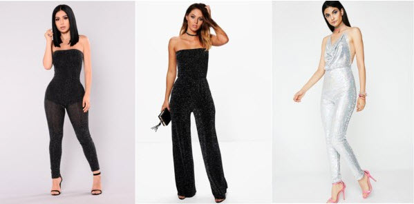 3 glitter jumpsuits from Fashion Nova, Boohoo, & Dolls Kill.