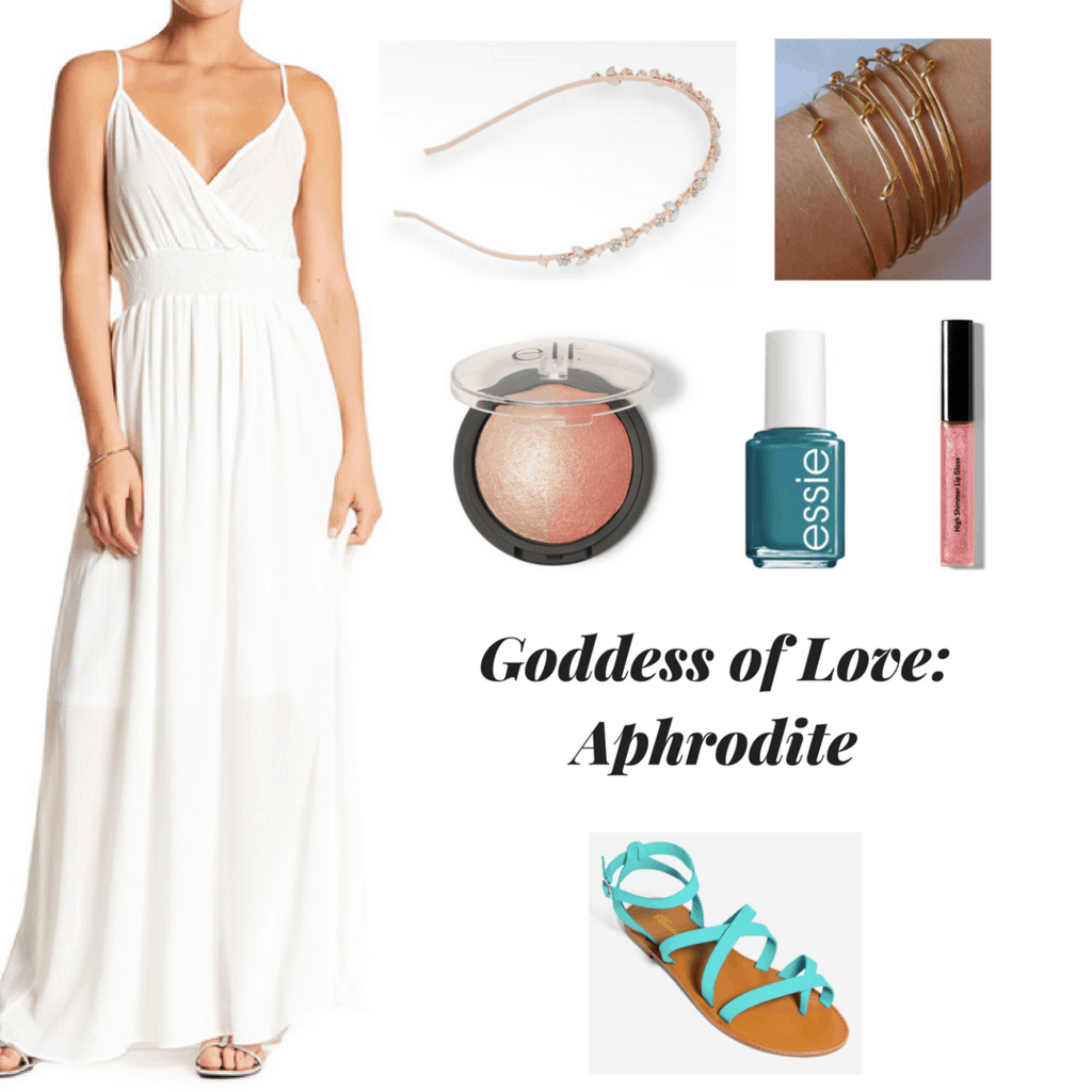 white maxi dress rose gold flower headband gold stacked bangles highlighter blush combo turquoise nail polish romantic lips turquoise strappy sandals outfit inspired by greek mythology outfit inspired by greek goddesses goddess of love aphrodite aphrodite inspired outfit