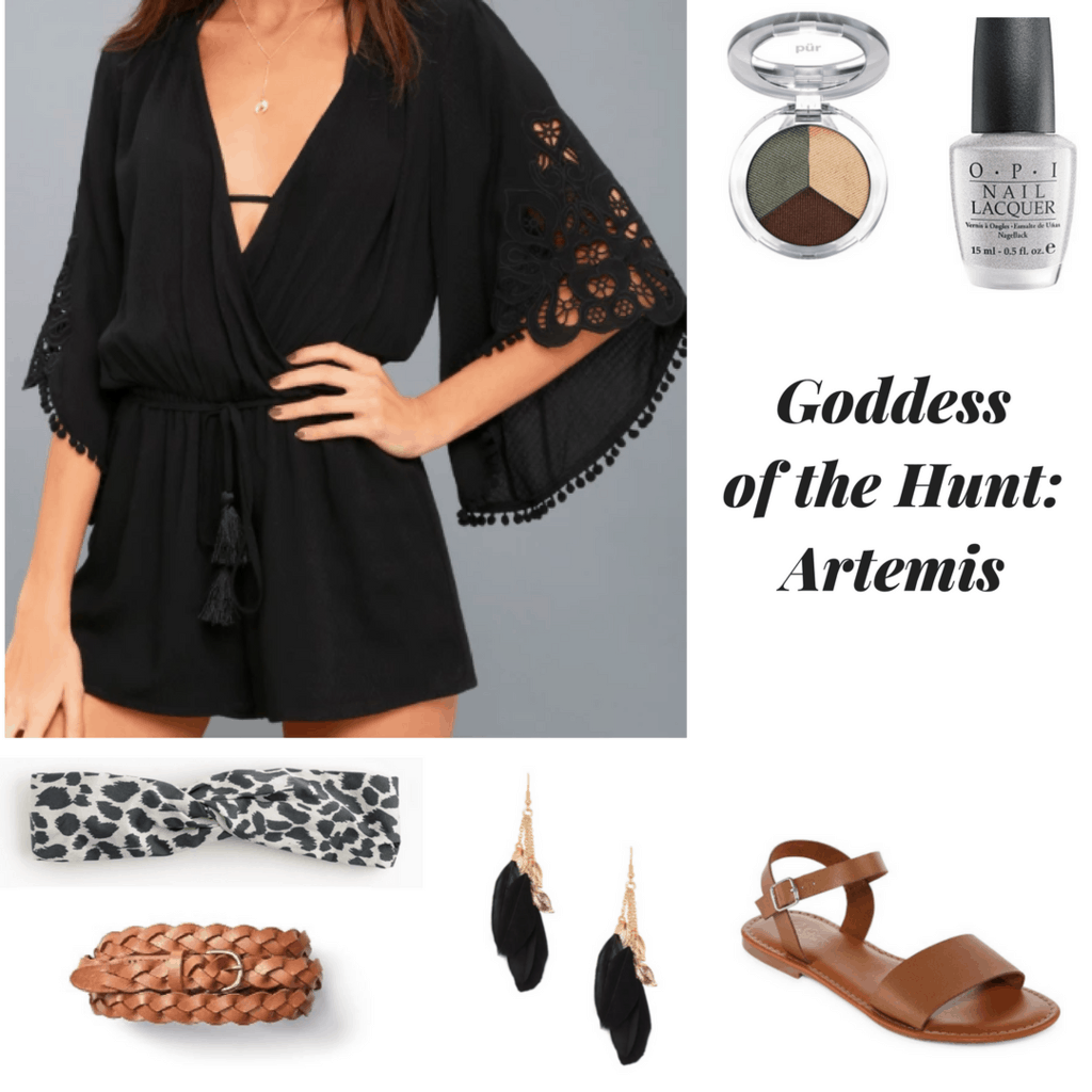 black boho chic romper earthy eyeshadow silver nail polish leopard headwrap braided belt feather earrings brown sandals inspired by greek mythology inspired by greek goddesses artemis inspired outfit goddess of the hunt artemis
