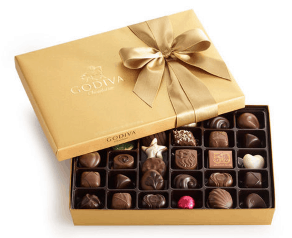 Godiva box of chocolates with a gold box and bow