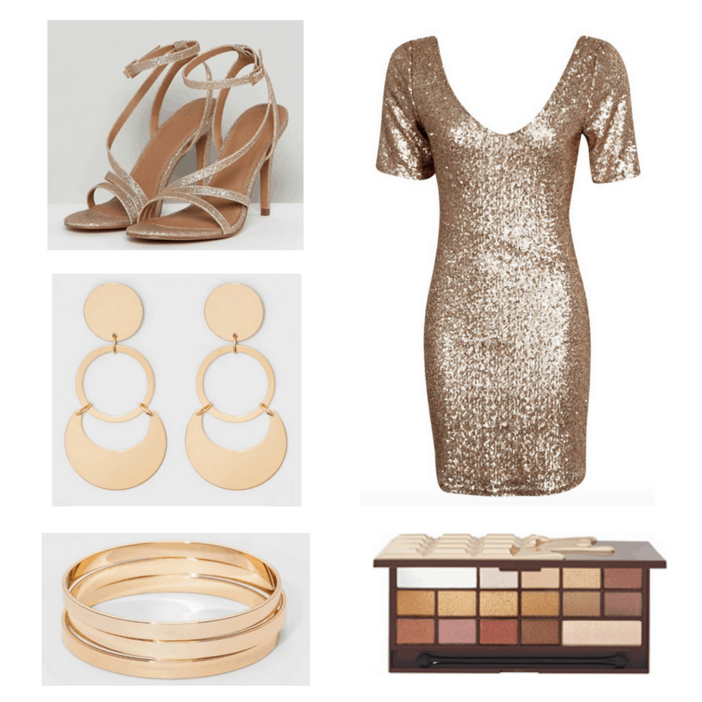 Gold dress with gold heels, earrings, bracelets, and eyeshadow palette