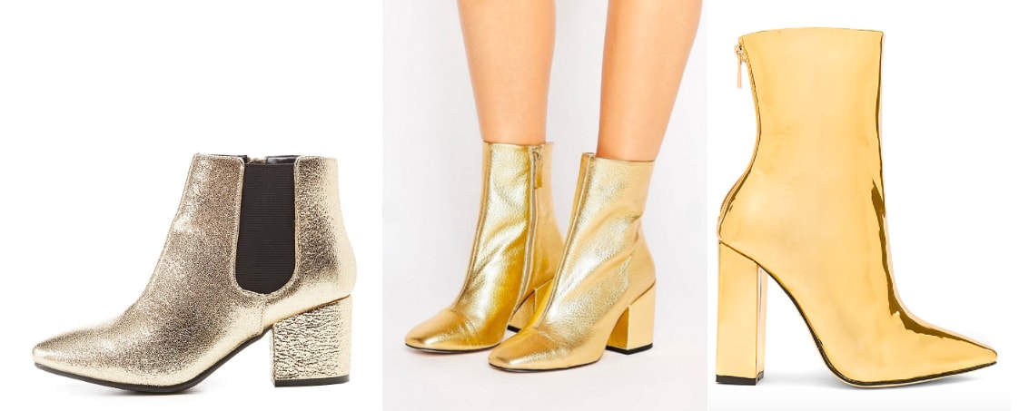 Gold ankle booties trend: dusty gold booties from Charlotte Russe, bright gold metallic square-toed ankle booties from ASOS, and reflective gold heeled pointed-toe ankle booties from Revolve.