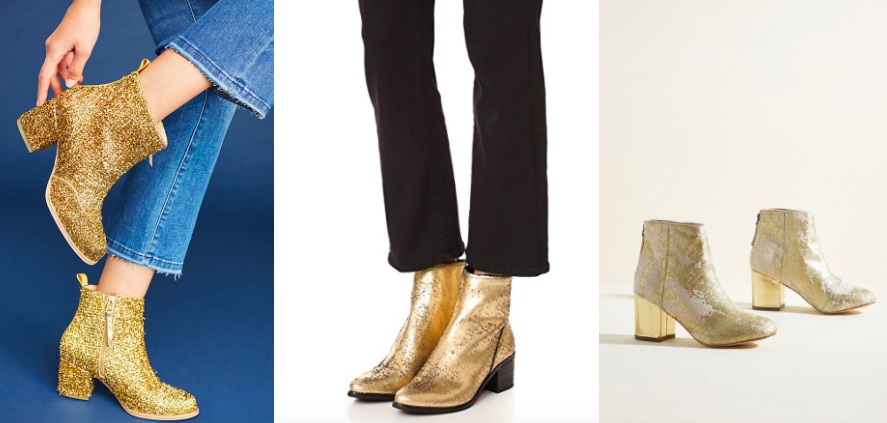 Gold bootie trend (photos from left to right): gold glitter chunky-heeled Bill Blass booties from Anthropologie, Dolce Vita gold ankle booties from Shopbop, and metallic gold heeled booties from Modcloth.