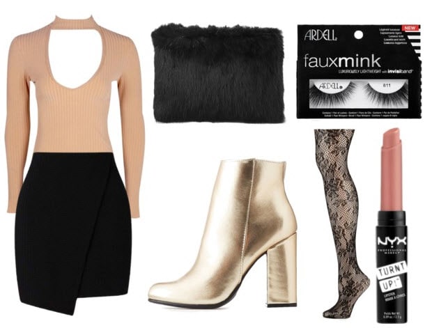 How to wear gold boots for a night out at a club or party: Outfit with gold ankle booties, black wrap skirt, nude keyhole bodysuit, faux fur clutch, lace tights, nude lipstick, mink lashes