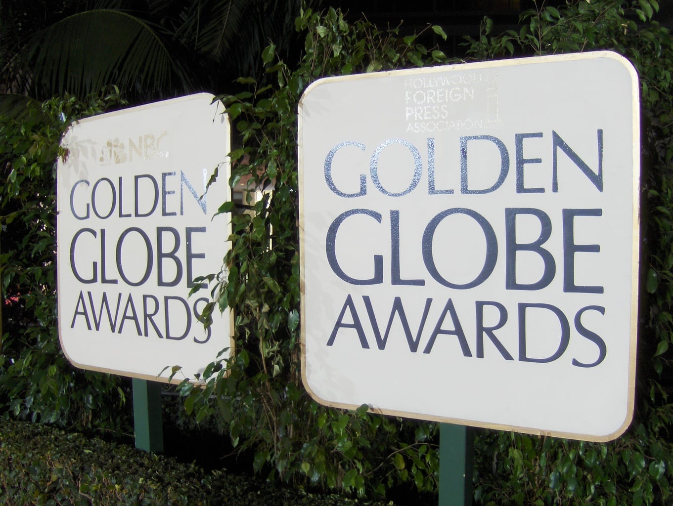 Golden Globe awards signs with the awards show logo on them