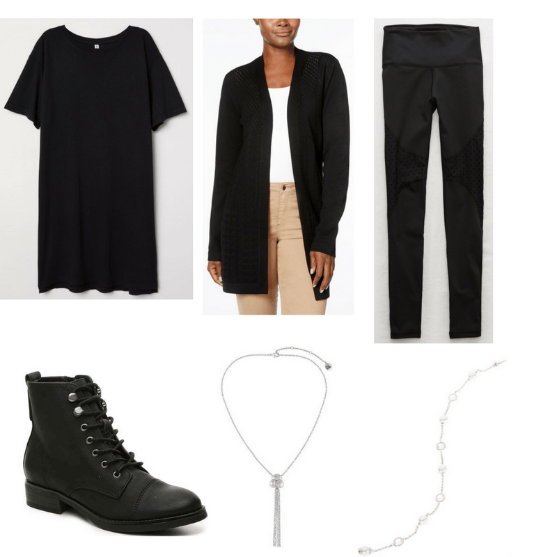 Goth Finals Outfit with black dress, cardigan, leggings, boots, tassel necklace, and chain bracelet