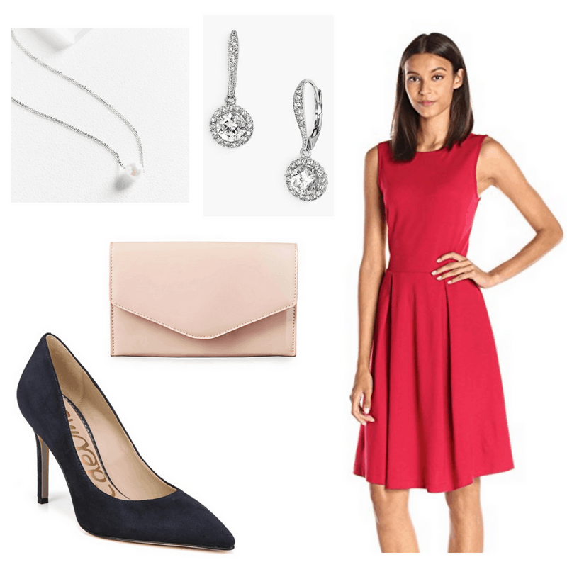 Grace Kelly style: Outfit inspired by Grace Kelly with boatneck fit and flare dress in pink, navy pumps, blush pink clutch, pearl necklace, diamond drop earrings