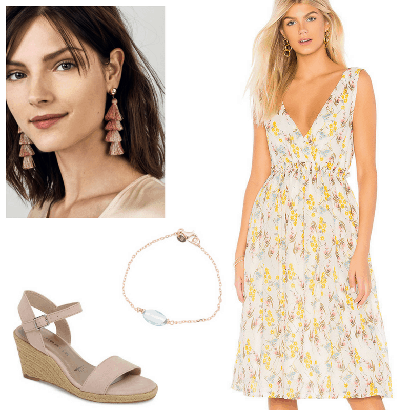 Graduation outfit idea: Floral midi dress in yellow, blue and taupe, rose gold and blue bracelet, espadrille wedges, rose gold tassel earrings