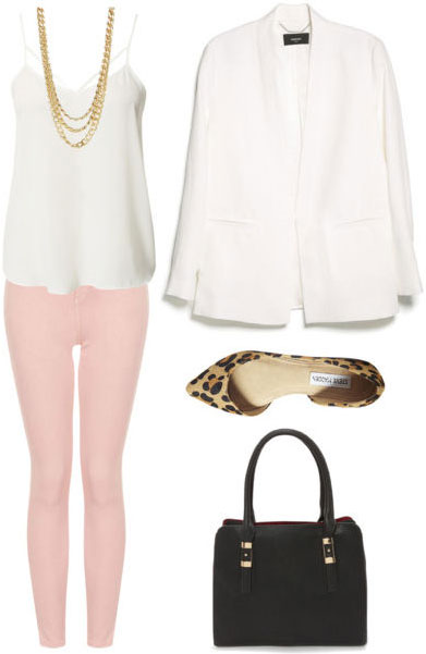 Grad school outfit: Colored denim, polished tank, cream-colored blazer, flats, handbag