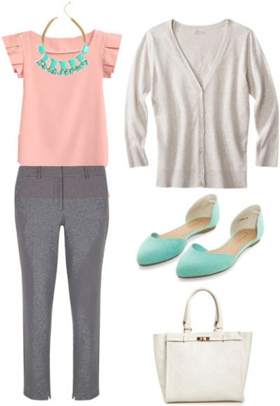 Grad school outfit for the workplace: Grey trousers, pink blouse, taupe cardigan, teal flats, cream handbag, statement necklace