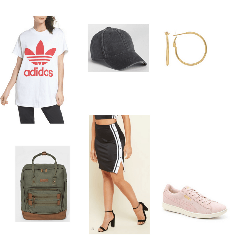 Outfit with Adidas tee, side stripe skirt, baseball cap, hoop earrings, olive backpack, and blush sneakers