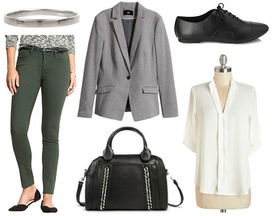 Gray blazer green jeans white blouse outfit