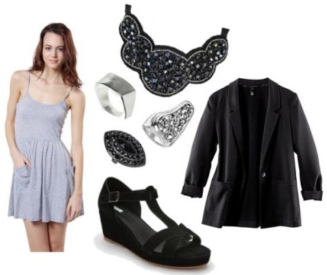 Simple gray dress worn with a black blazer and blingy accessories for a night out