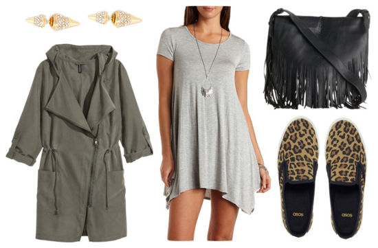 Gray dress green parka leopard sneakers