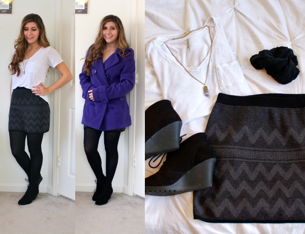 Gray-Knit-Chevron-Skirt-White-Pocket-Tee-Black-Tights-Bright-Purple-Double-Breasted-Coat