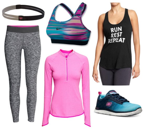 Gray leggings black tank pink jacket
