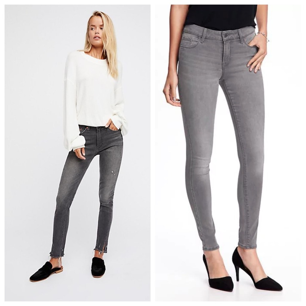 Gray skinny jeans: The first pair is from Free People and the second is from Old Navy. They are both paired with tops and one model is wearing black mules and black heels.