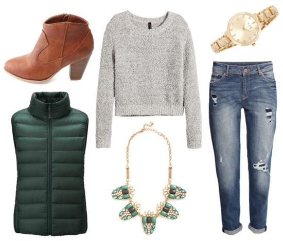 Gray sweater boyfriend jeans green vest