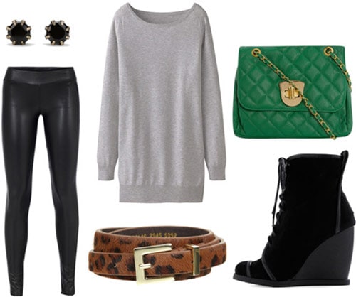 How to wear a gray tunic for a night out with liquid leggings, a leopard belt, green purse, stud earrings and lace-up wedge booties