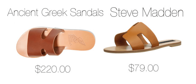 Photo including two pairs of Greek sandals, one from Ancient Greek Sandals, the other from Steve Madden.