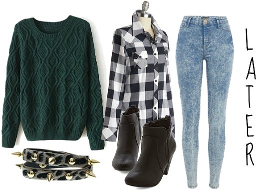 Green sweater plaid shirt and jeans autumn look