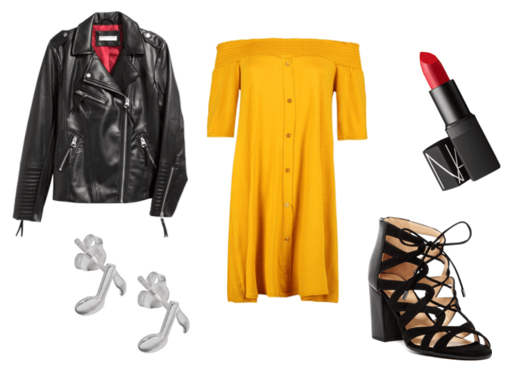 Outfit inspired by Greg from A Night in the Woods: yellow off the shoulder dress, NARS Jungle Red semi-matte lipstick, music note silver earrings, leather jacket and black strappy block heeel