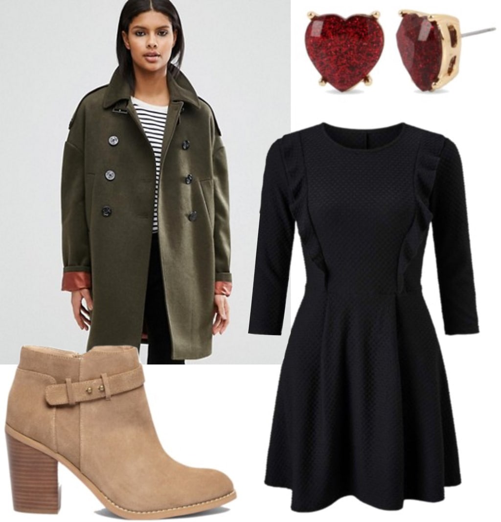 Outfit inspired by How the Grinch Stole Christmas: Black dress, oversized green pea coat, suede ankle booties, red heart earrings