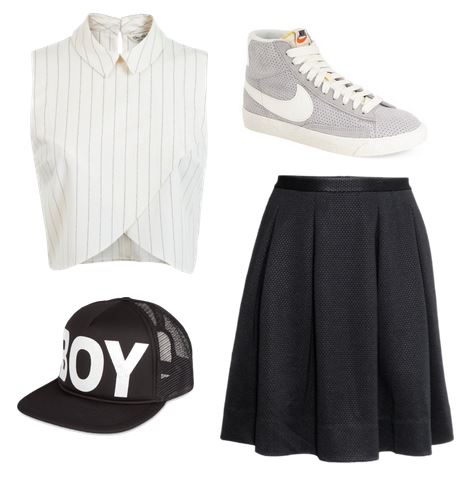 Outfit inspired by Exo - hat, midi skirt, sneakers, cropped tank