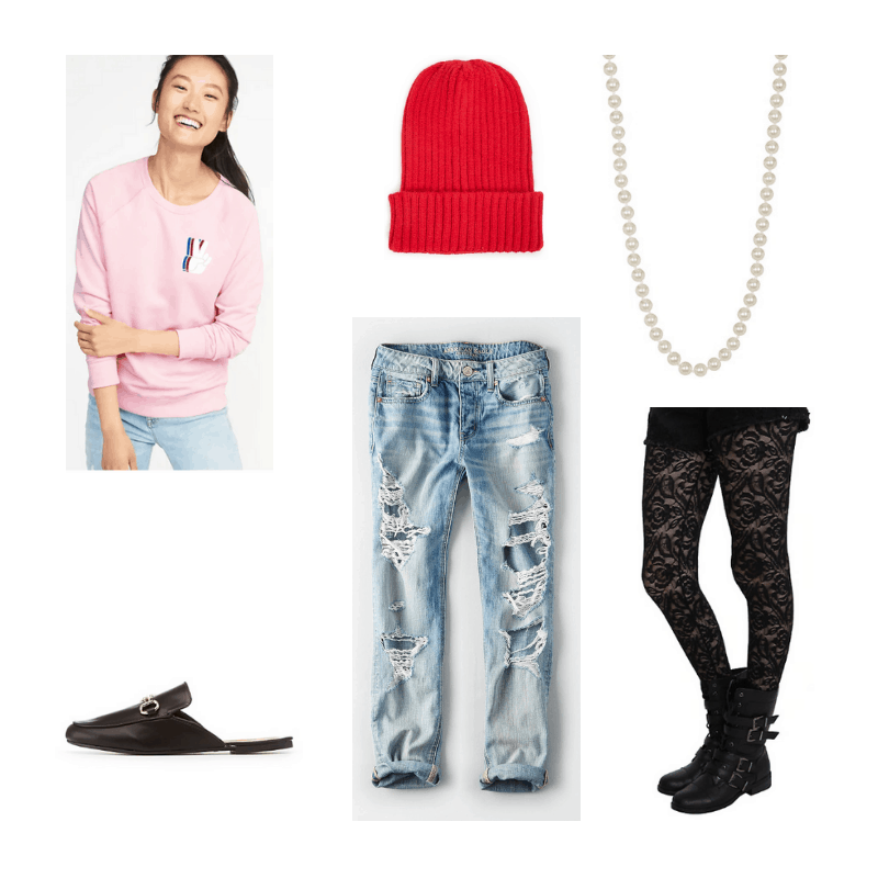 Outfit with pink sweatshirt, red beanie, pearl necklace, ripped jeans, rose lace tights, and black mules