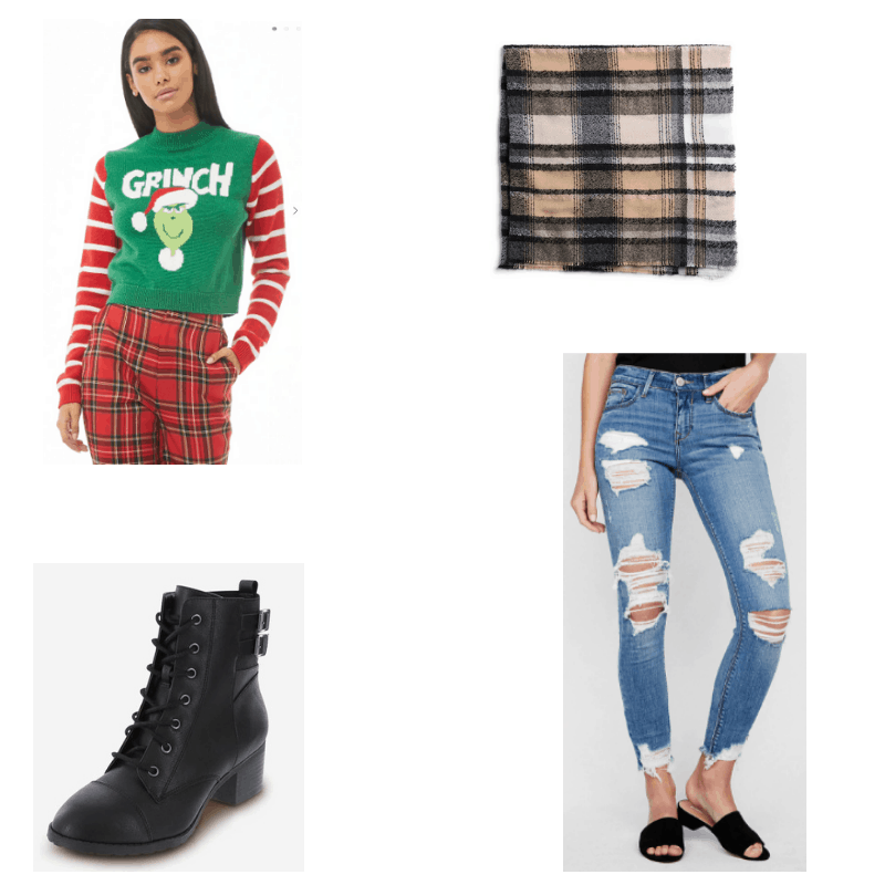 Grunge-inspired outfit with grinch sweater, ripped jeans, combat boots, and plaid scarf