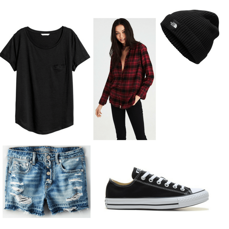 Grunge finals outfit with black tee, denim shorts, plaid shirt, beanie, and Converse sneakers