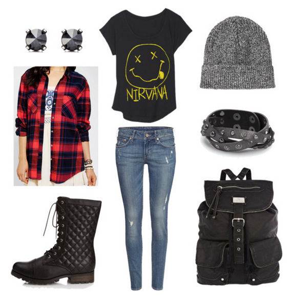 Grunge plaid band tee jeans