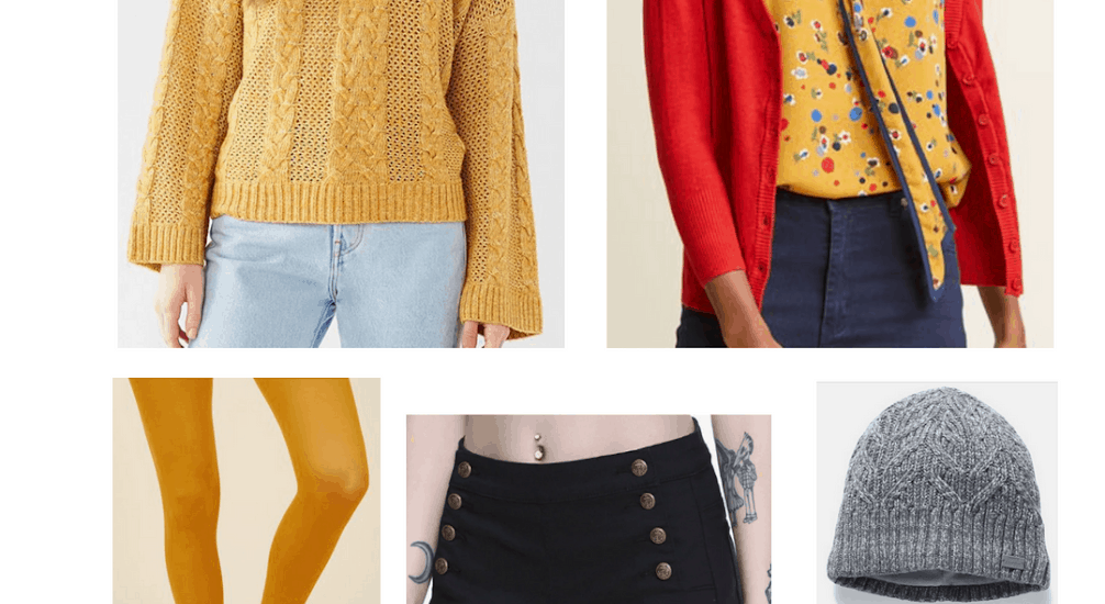 Hogwarts fashion: Gryffindor outfit with mustard yellow sweater, red cardigan, yellow tights, gray hat, black shorts, flats