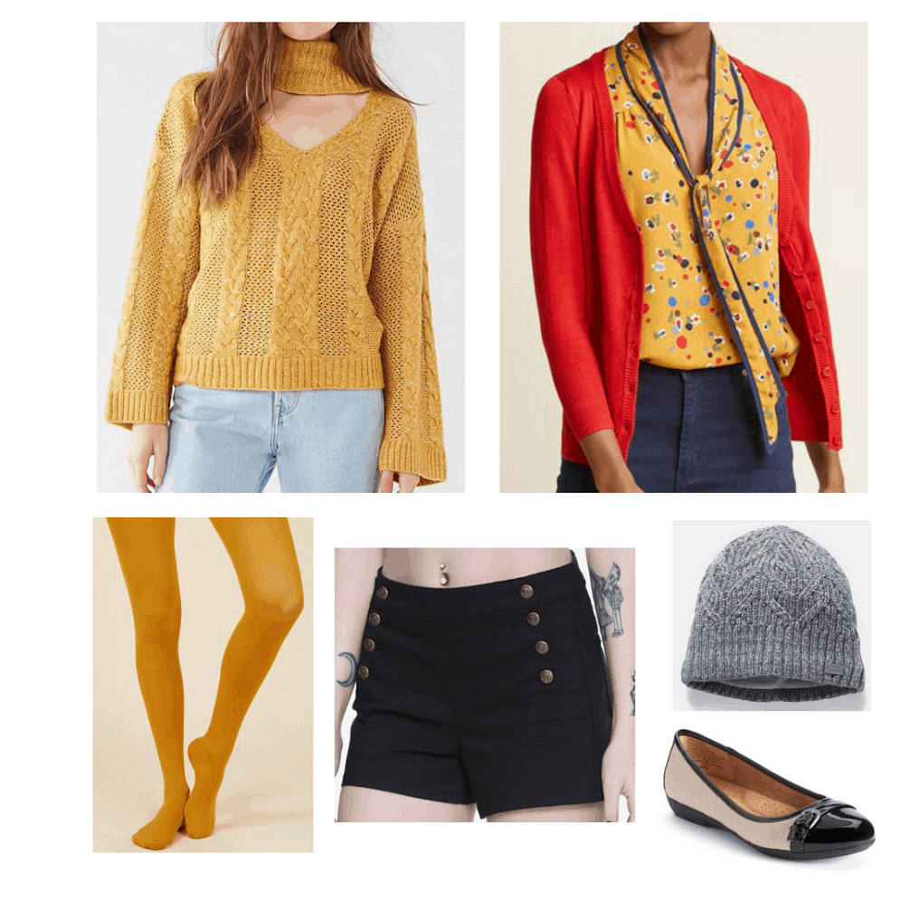 Hogwarts fashion: Gryffindor outfit with mustard yellow sweater, red cardigan, yellow tights, gray hat, black shorts, flats