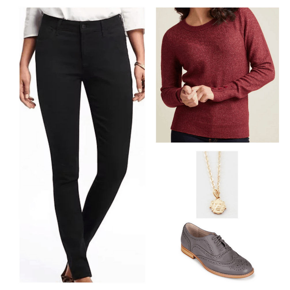 Hogwarts outfit inspired by Gryffindor: Black jeans, red sweater, gold necklace, oxfords