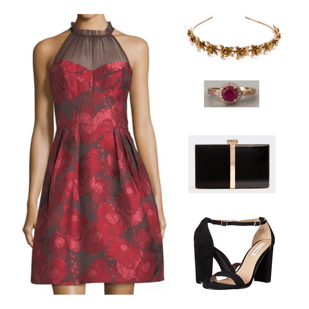 Gryffindor formal outfit: Red dress, gold headband, black and gold clutch, red ring, black strappy sandals