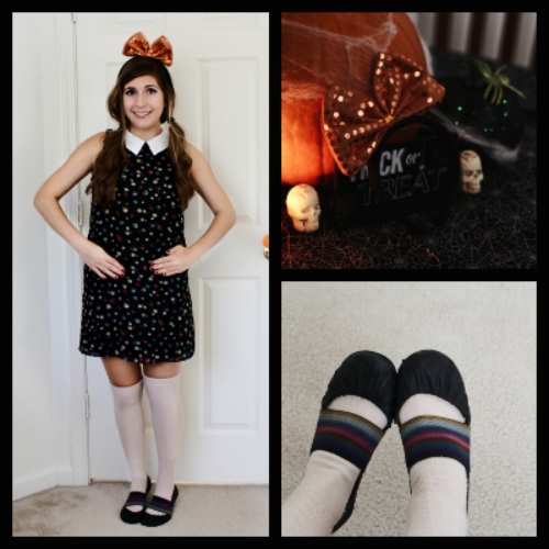 Halloween doll white collar black dress thigh socks orange bow ballet flats collage