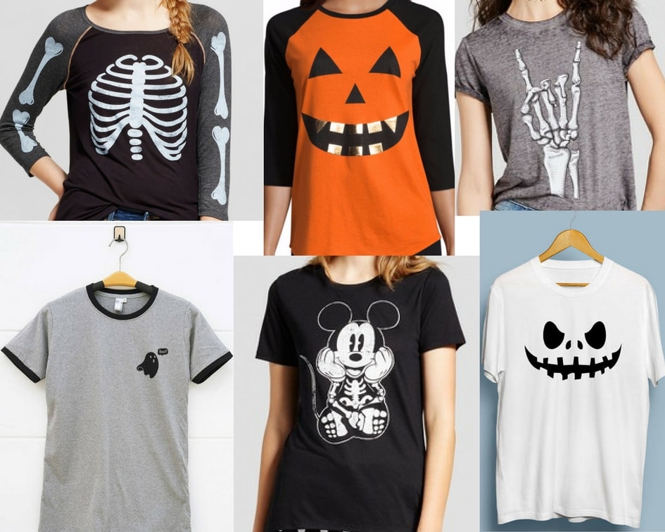 6 Halloween graphic tees: Skeleton, jack-o-lantern, mickey skeleton, Jack Skellington