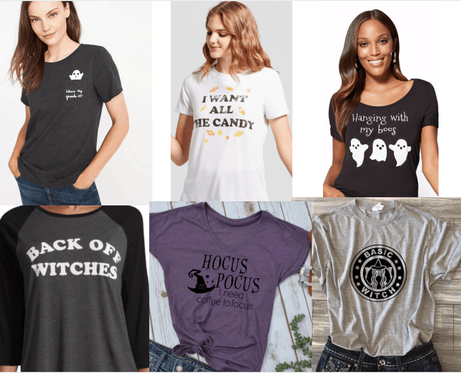 Halloween tees with slogans: I Want All the Candy, Hanging with my boos, Back off Witches, Hocus Pocus I need Coffee to Focus, Basic Witch